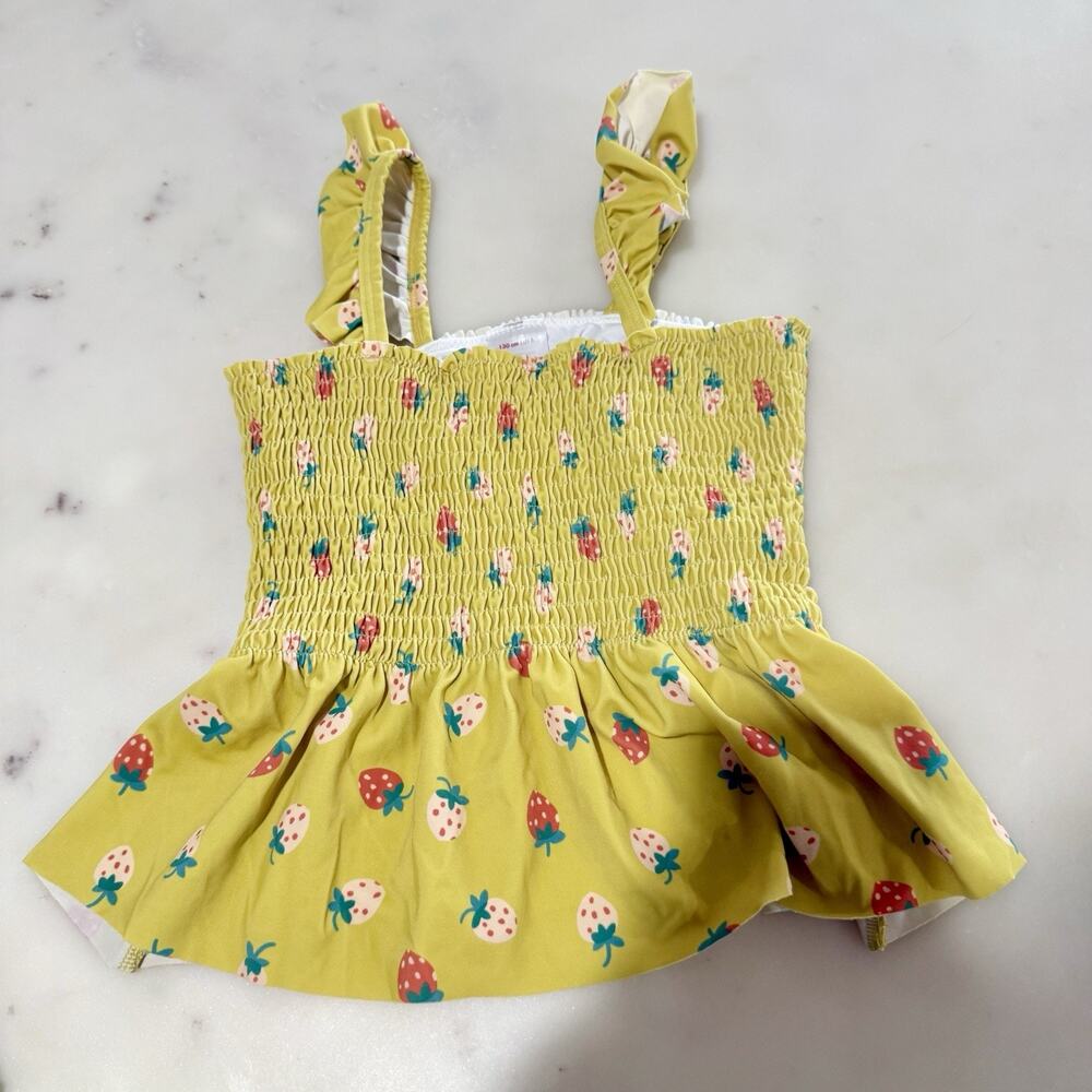 Hanna Andersson Sunblock Swim Top Yellow Smocked Strawberries Girls Size 8 130cm
